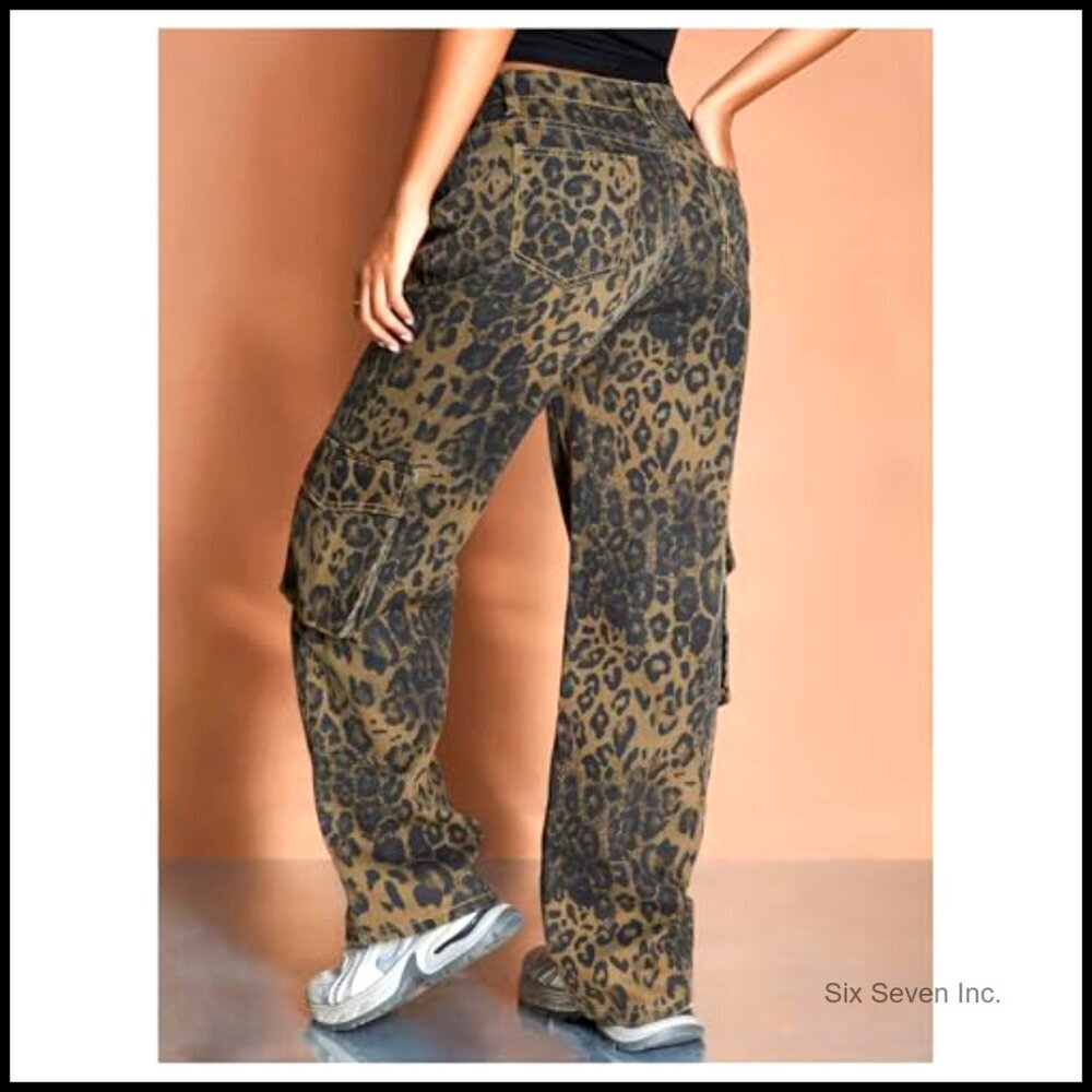Leopard Print Cargo Pants, Button Front, Zipper Fly, Straight Leg - Picture 2 of 5